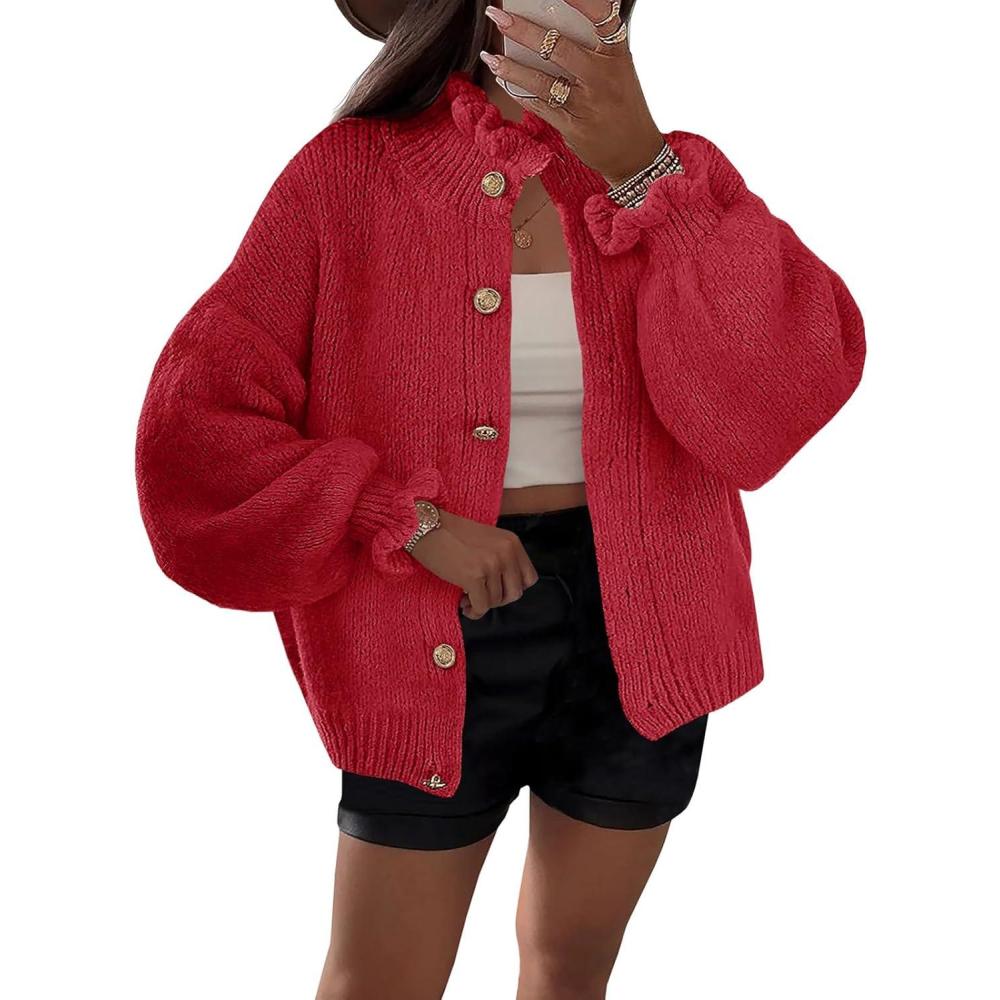 imageSaodimallsu Womens Ruffle Cardigan Oversized Button Up Fall Trendy Ribbed Knit Open Front Long Sleeve Loose Cute SweaterRed