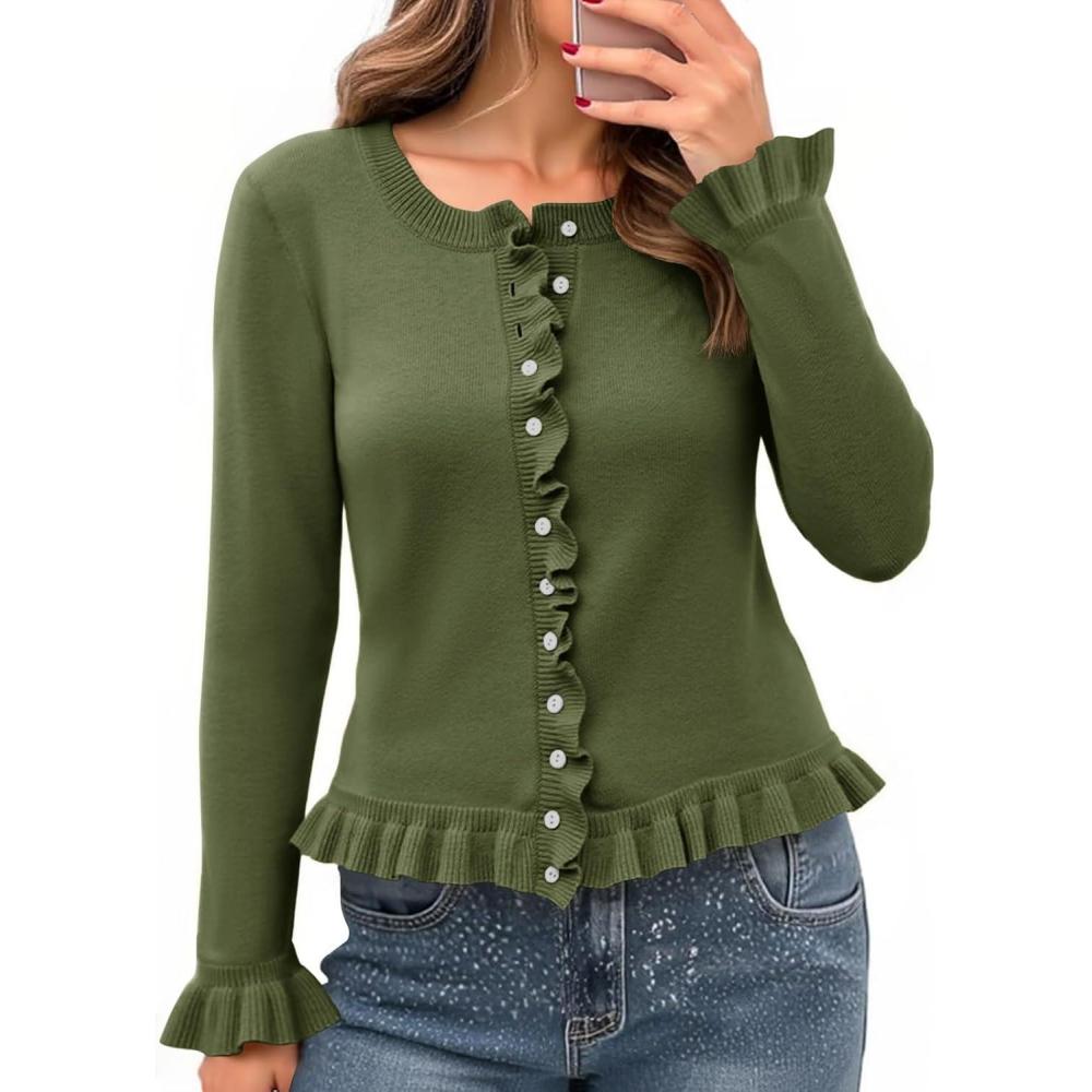 imageSaodimallsu Womens Ruffle Cardigan Sweaters Button Up Crew Neck Long Sleeve Cropped Sweater Cute Soft Knit TopsArmy Green