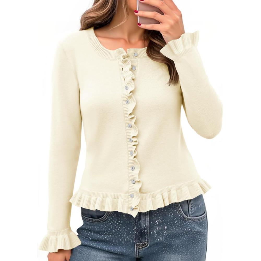 imageSaodimallsu Womens Ruffle Cardigan Sweaters Button Up Crew Neck Long Sleeve Cropped Sweater Cute Soft Knit TopsBeige