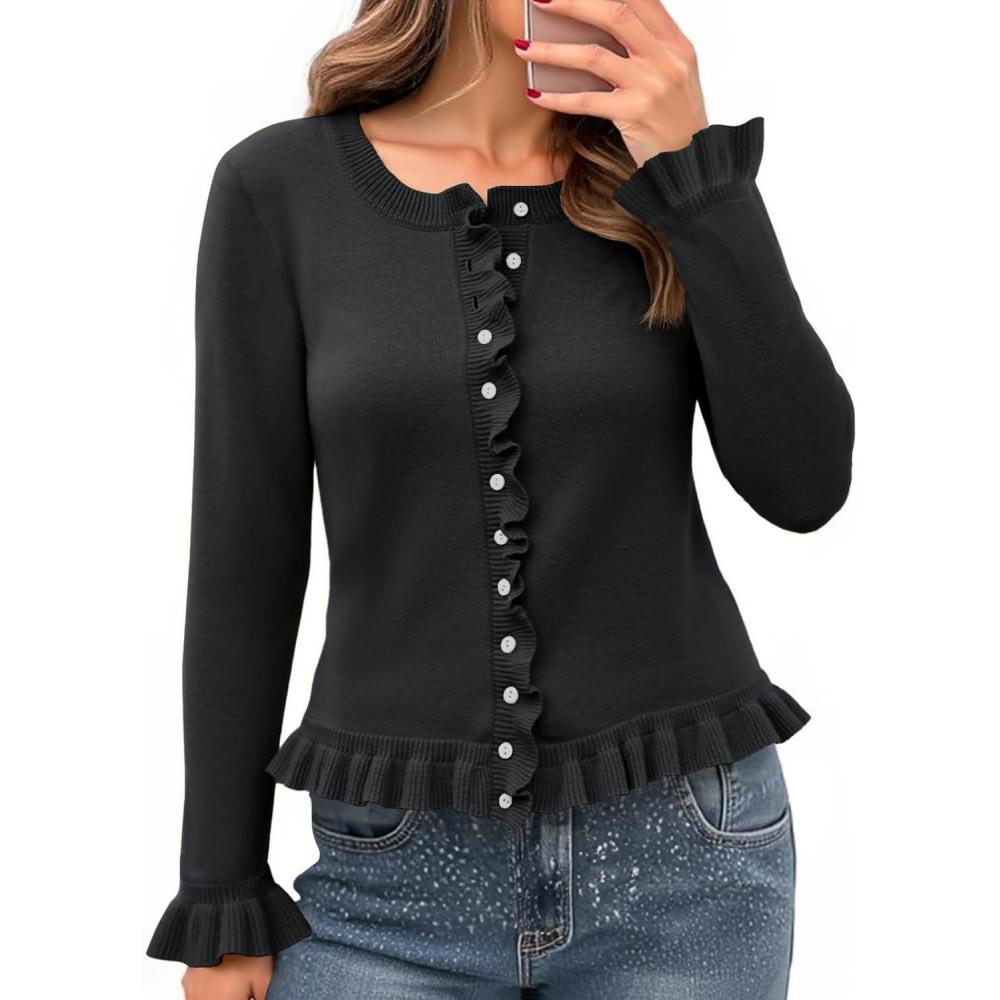 imageSaodimallsu Womens Ruffle Cardigan Sweaters Button Up Crew Neck Long Sleeve Cropped Sweater Cute Soft Knit TopsBlack