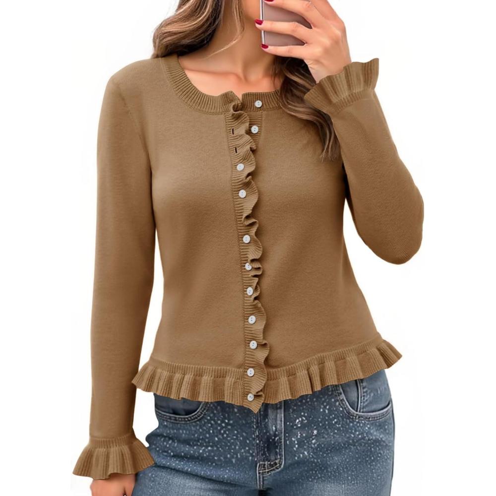 imageSaodimallsu Womens Ruffle Cardigan Sweaters Button Up Crew Neck Long Sleeve Cropped Sweater Cute Soft Knit TopsBrown