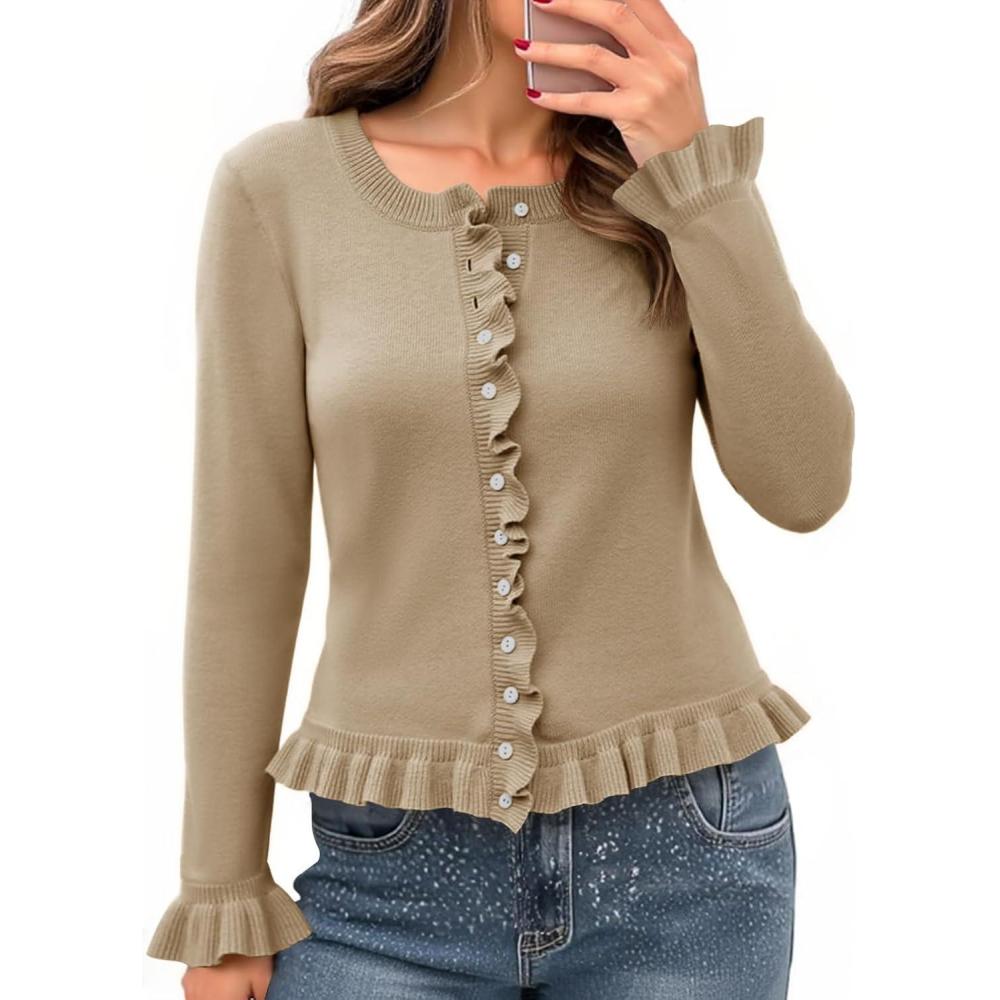 imageSaodimallsu Womens Ruffle Cardigan Sweaters Button Up Crew Neck Long Sleeve Cropped Sweater Cute Soft Knit TopsKhaki