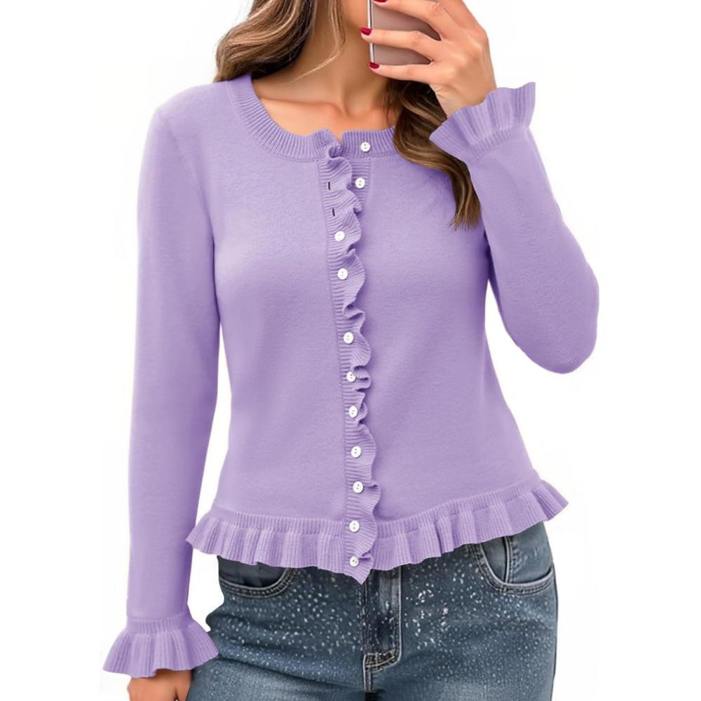 imageSaodimallsu Womens Ruffle Cardigan Sweaters Button Up Crew Neck Long Sleeve Cropped Sweater Cute Soft Knit TopsLight Purple