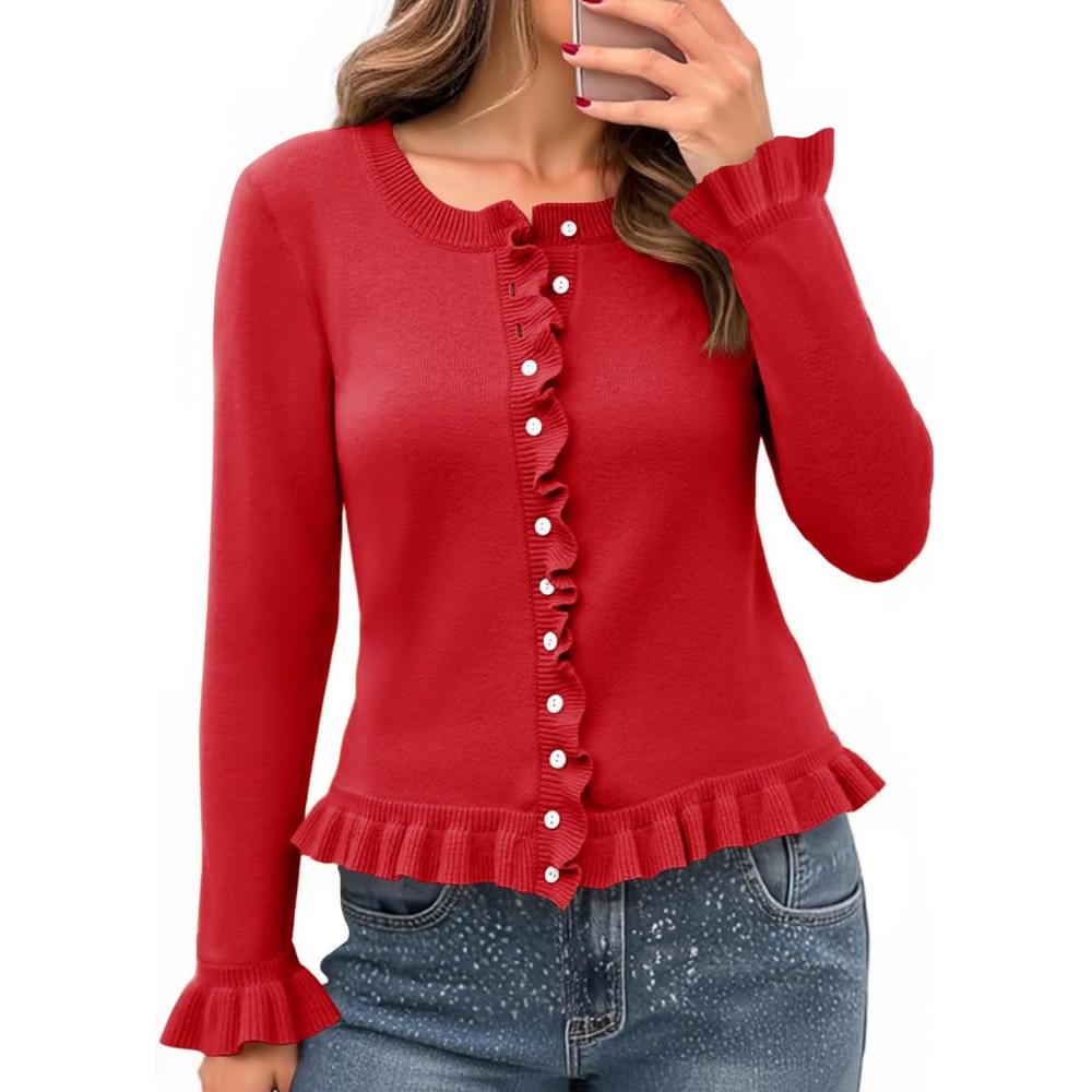 imageSaodimallsu Womens Ruffle Cardigan Sweaters Button Up Crew Neck Long Sleeve Cropped Sweater Cute Soft Knit TopsRed
