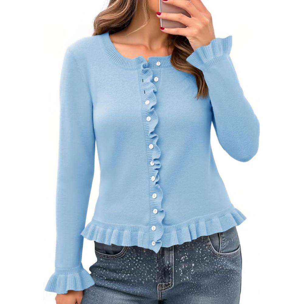 imageSaodimallsu Womens Ruffle Cardigan Sweaters Button Up Crew Neck Long Sleeve Cropped Sweater Cute Soft Knit TopsSky Blue
