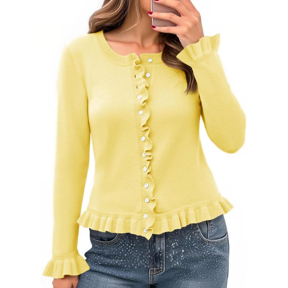 imageSaodimallsu Womens Ruffle Cardigan Sweaters Button Up Crew Neck Long Sleeve Cropped Sweater Cute Soft Knit TopsYellow