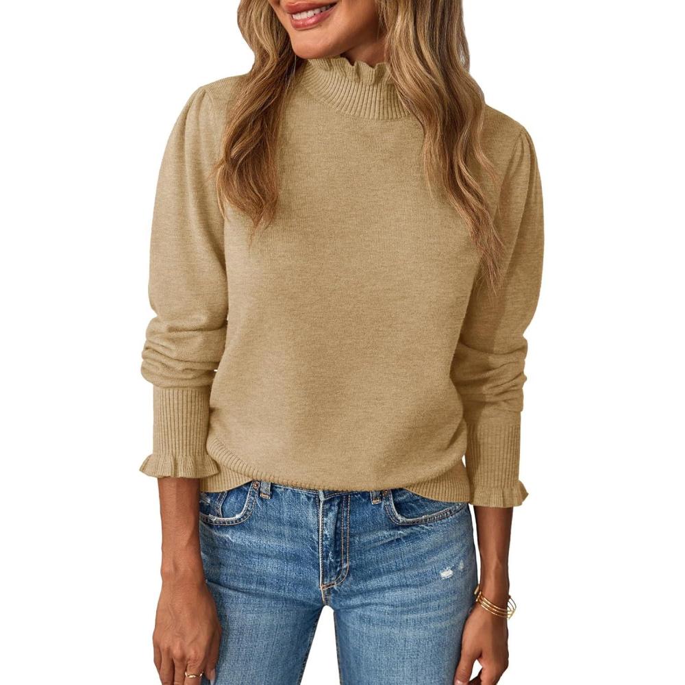 imageSaodimallsu Womens Ruffle Mock Neck Sweater Puff Long Sleeve Fall Soft Knit Casual Pullover Sweaters TopKhaki