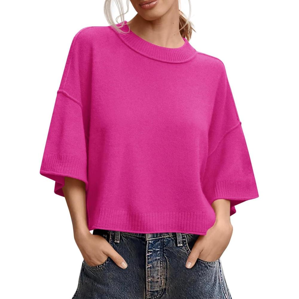 imageSaodimallsu Womens Short Sleeve Sweater Summer Oversized Cropped Sweaters Casual Crewneck Lightweight Knit TopsRose Red