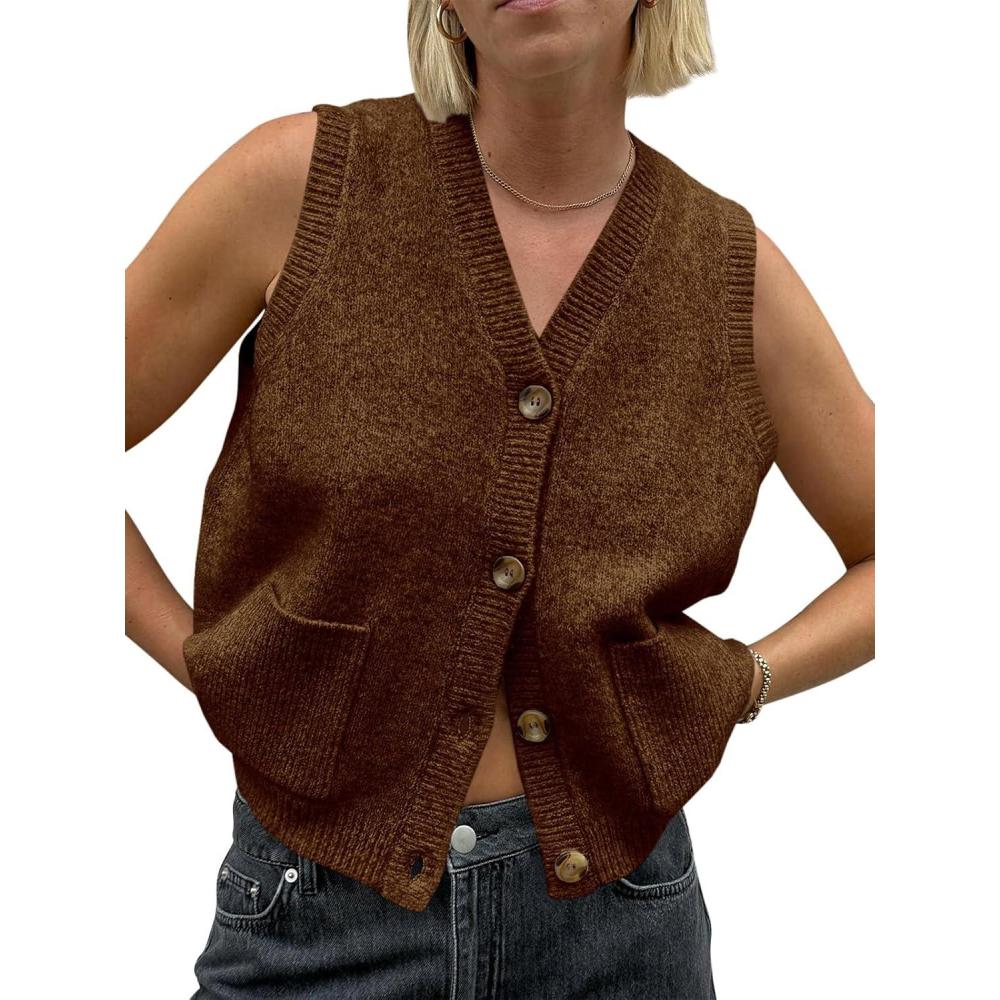 imageSaodimallsu Womens Sleeveless Sweater Vest Button V Neck Knit Trendy Casual Summer Cardigan with PocketsCoffee