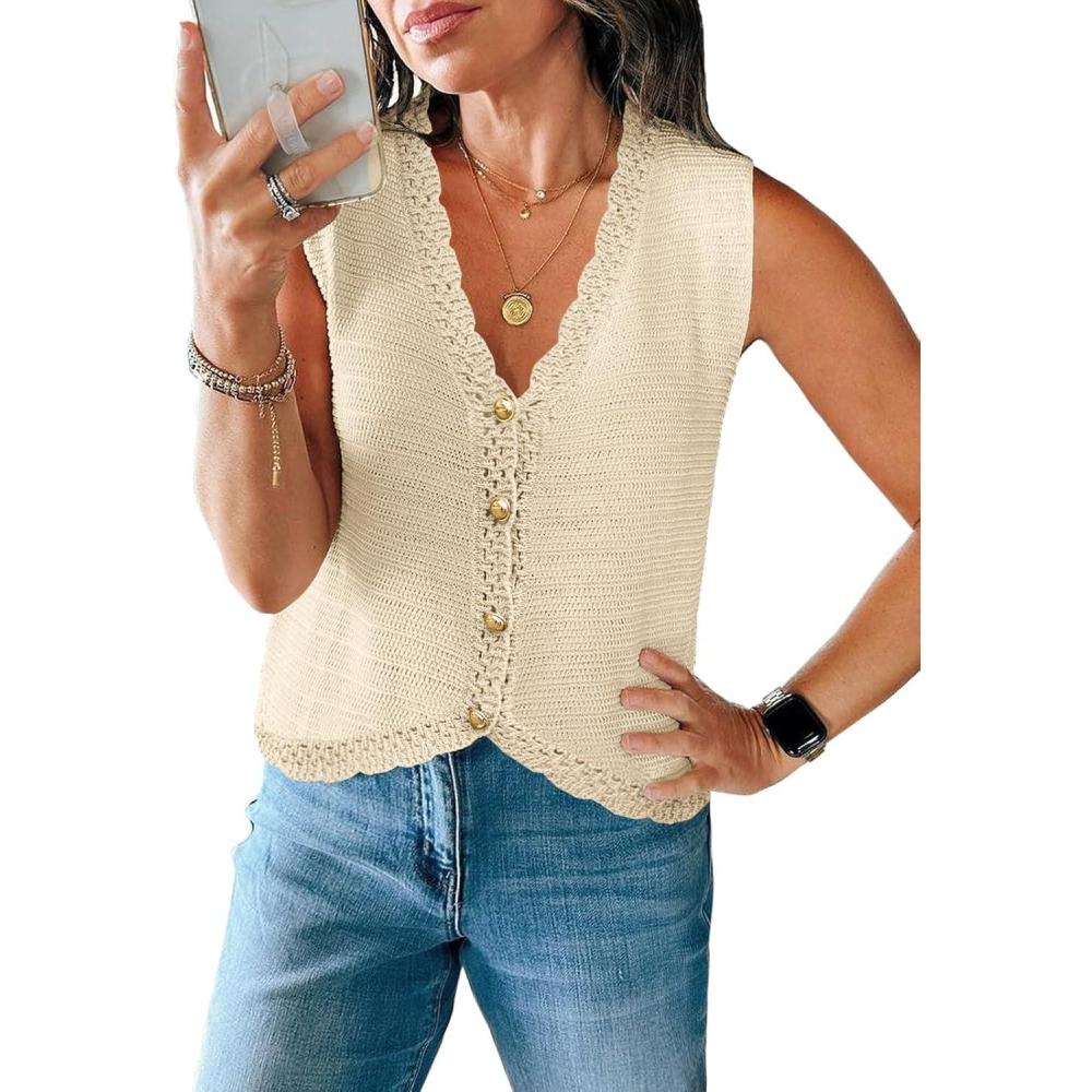 imageSaodimallsu Womens Sleeveless V Neck Sweater Vest Cropped Button Down Crochet Casual Loose Knit Summer Going Out TopsBeige