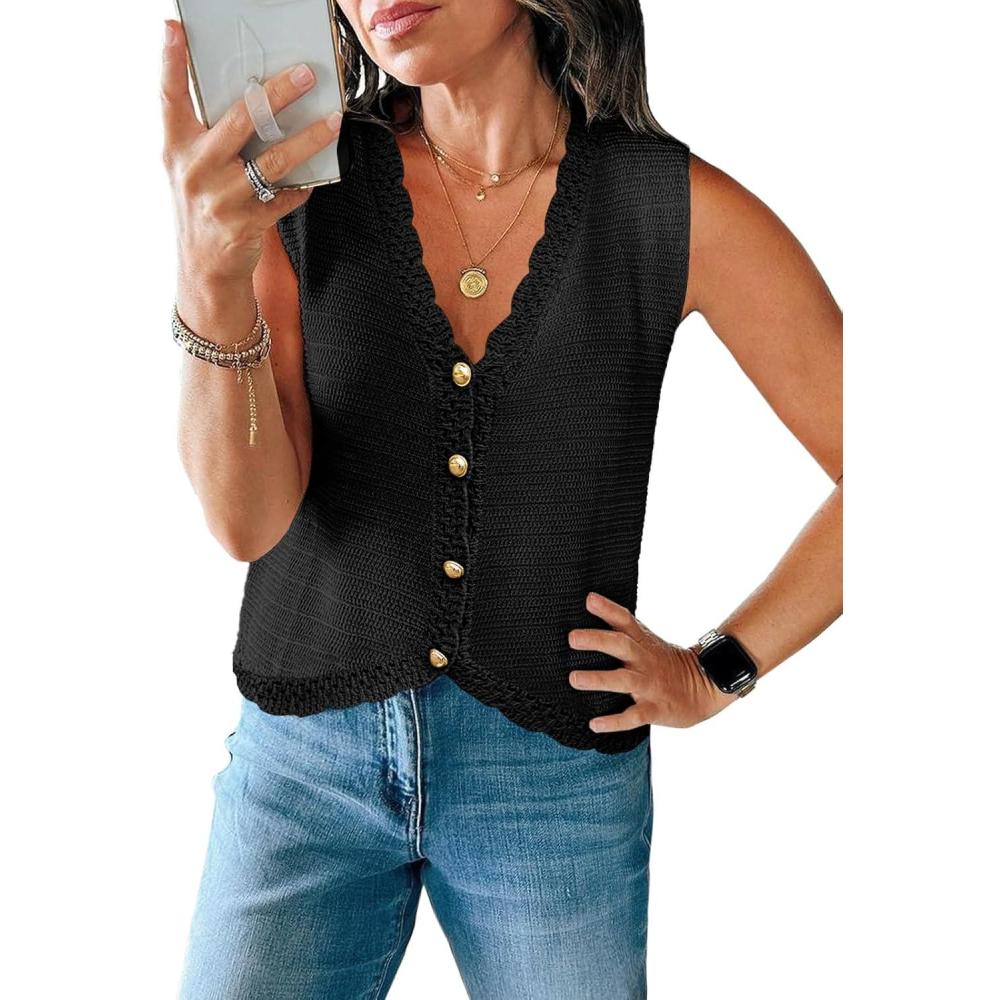 imageSaodimallsu Womens Sleeveless V Neck Sweater Vest Cropped Button Down Crochet Casual Loose Knit Summer Going Out TopsBlack