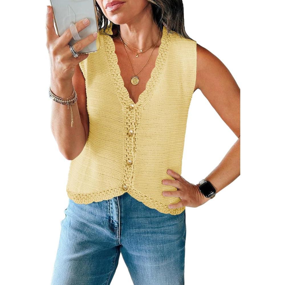 imageSaodimallsu Womens Sleeveless V Neck Sweater Vest Cropped Button Down Crochet Casual Loose Knit Summer Going Out TopsYellow
