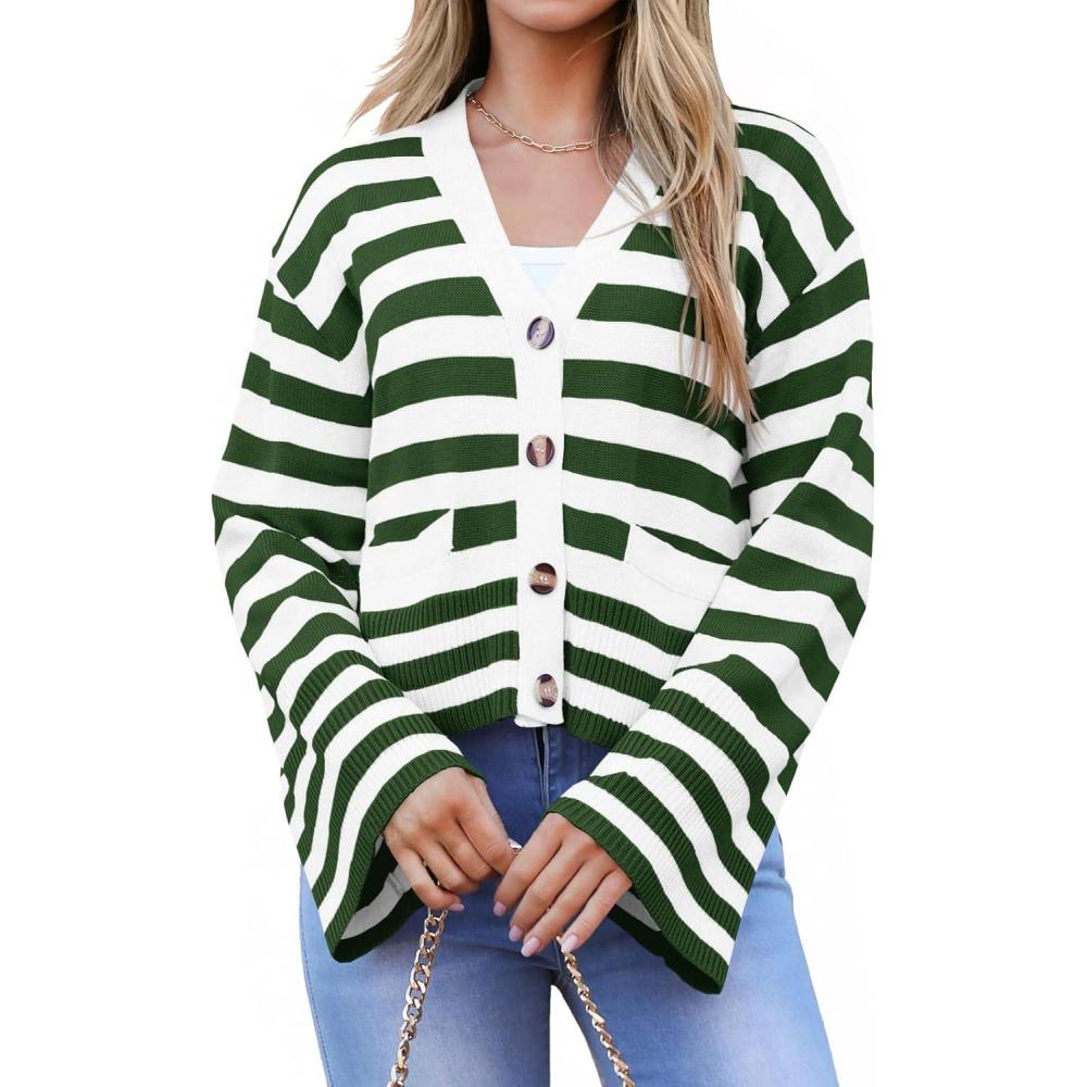 imageSaodimallsu Womens Striped Cardigan Sweaters Cropped Fall Button Open Front Long Sleeve Knit Sweater Coat with PocketsDark Green