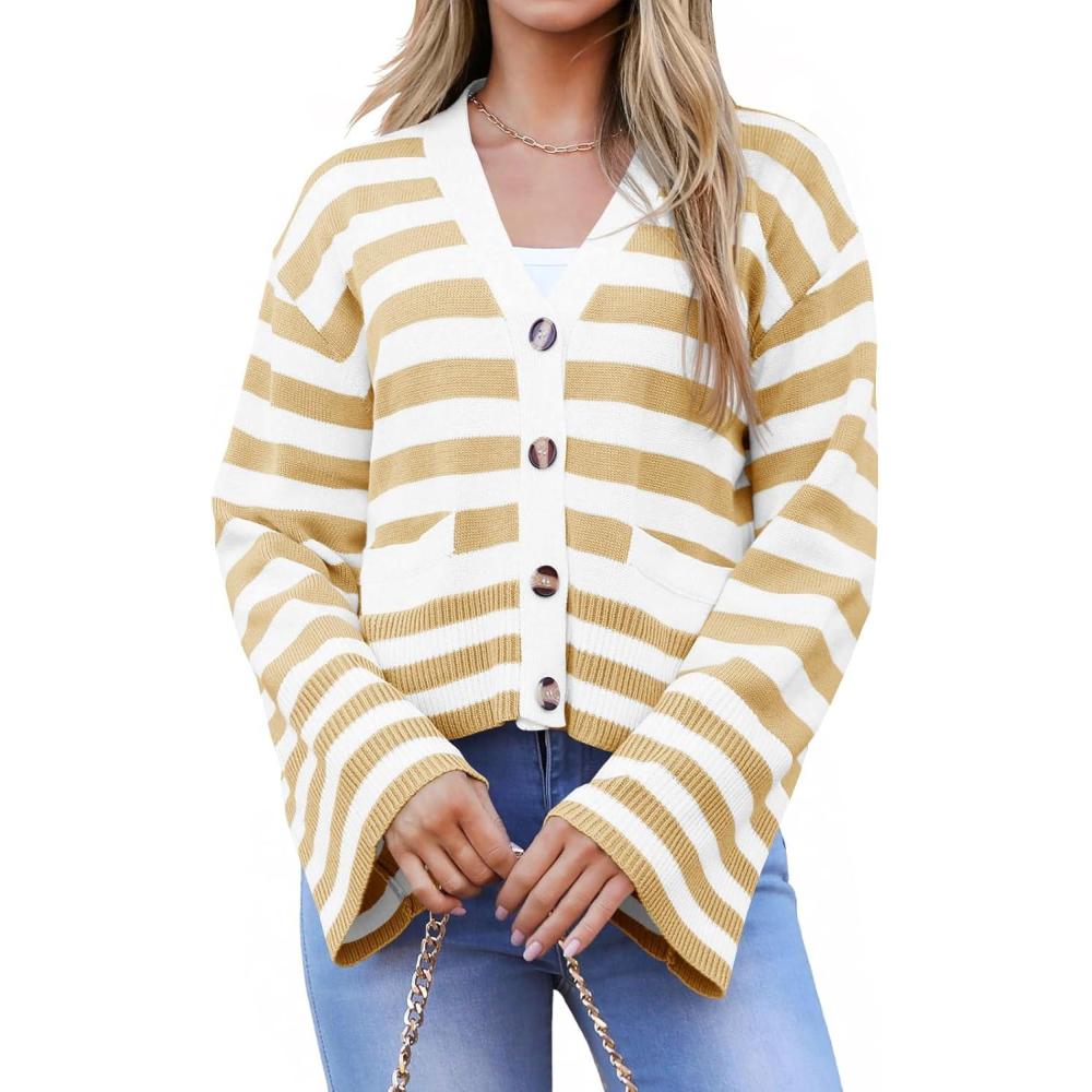 imageSaodimallsu Womens Striped Cardigan Sweaters Cropped Fall Button Open Front Long Sleeve Knit Sweater Coat with PocketsKhaki