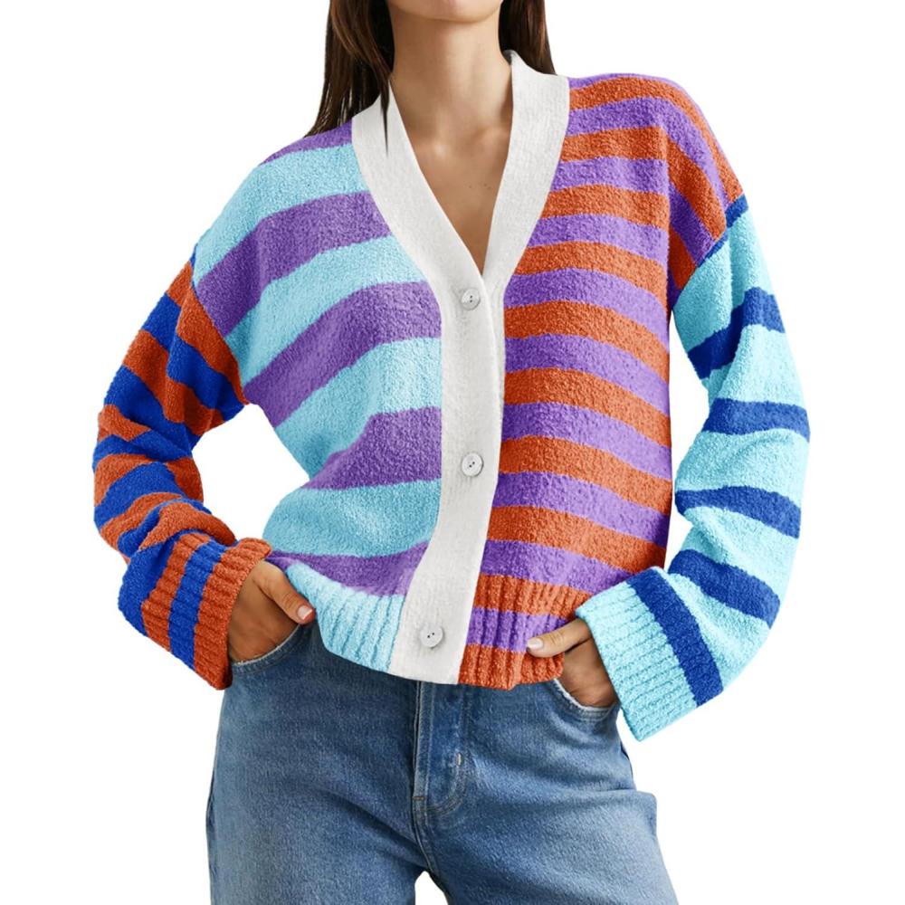 imageSaodimallsu Womens Striped Cardigan Sweaters V Neck Open Front Button Up Color Block Fuzzy Loose Knit CoatsBlue