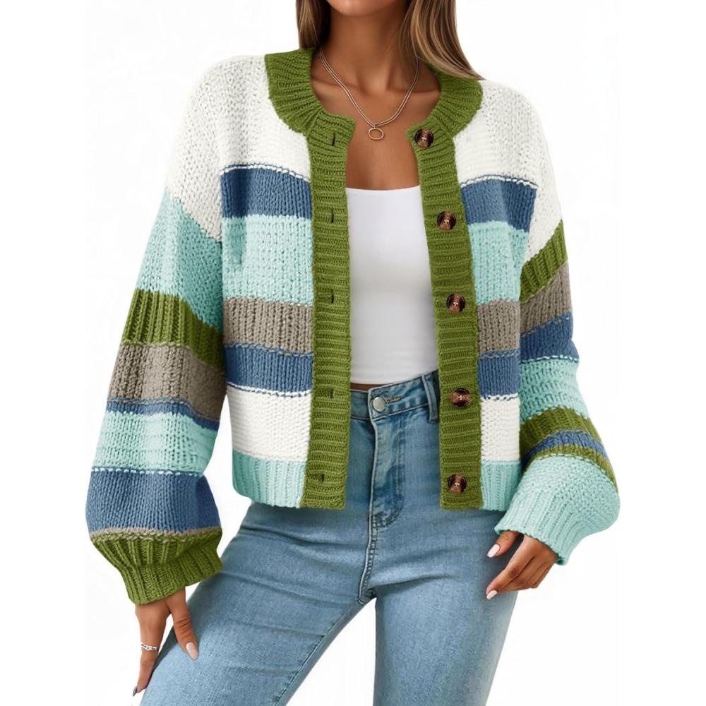 imageSaodimallsu Womens Striped Chunky Cardigan Sweaters Button Up Fall Trendy Color Block Long Sleeve Knit Sweater CoatsBlue