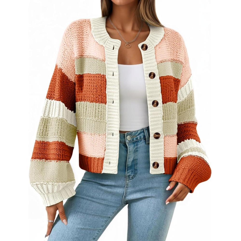 imageSaodimallsu Womens Striped Chunky Cardigan Sweaters Button Up Fall Trendy Color Block Long Sleeve Knit Sweater CoatsBrick Red
