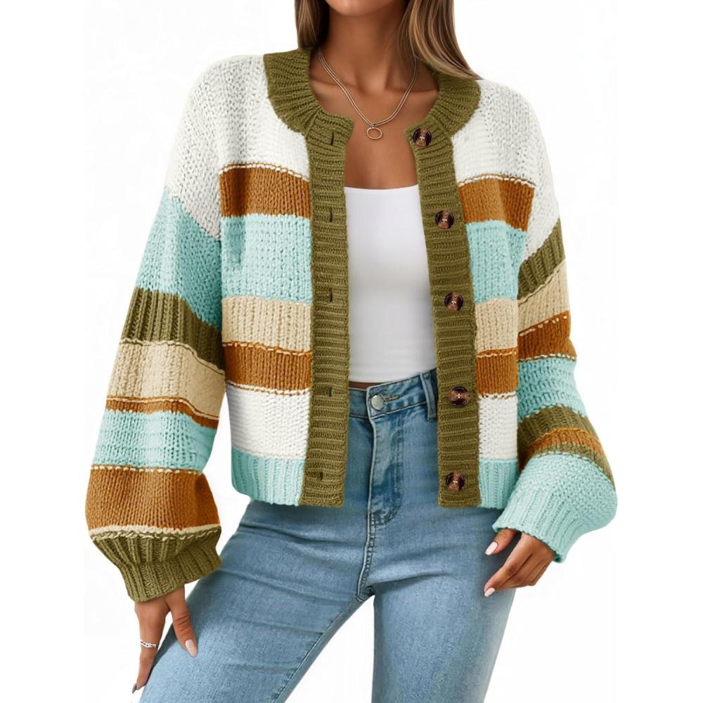 imageSaodimallsu Womens Striped Chunky Cardigan Sweaters Button Up Fall Trendy Color Block Long Sleeve Knit Sweater CoatsBrown