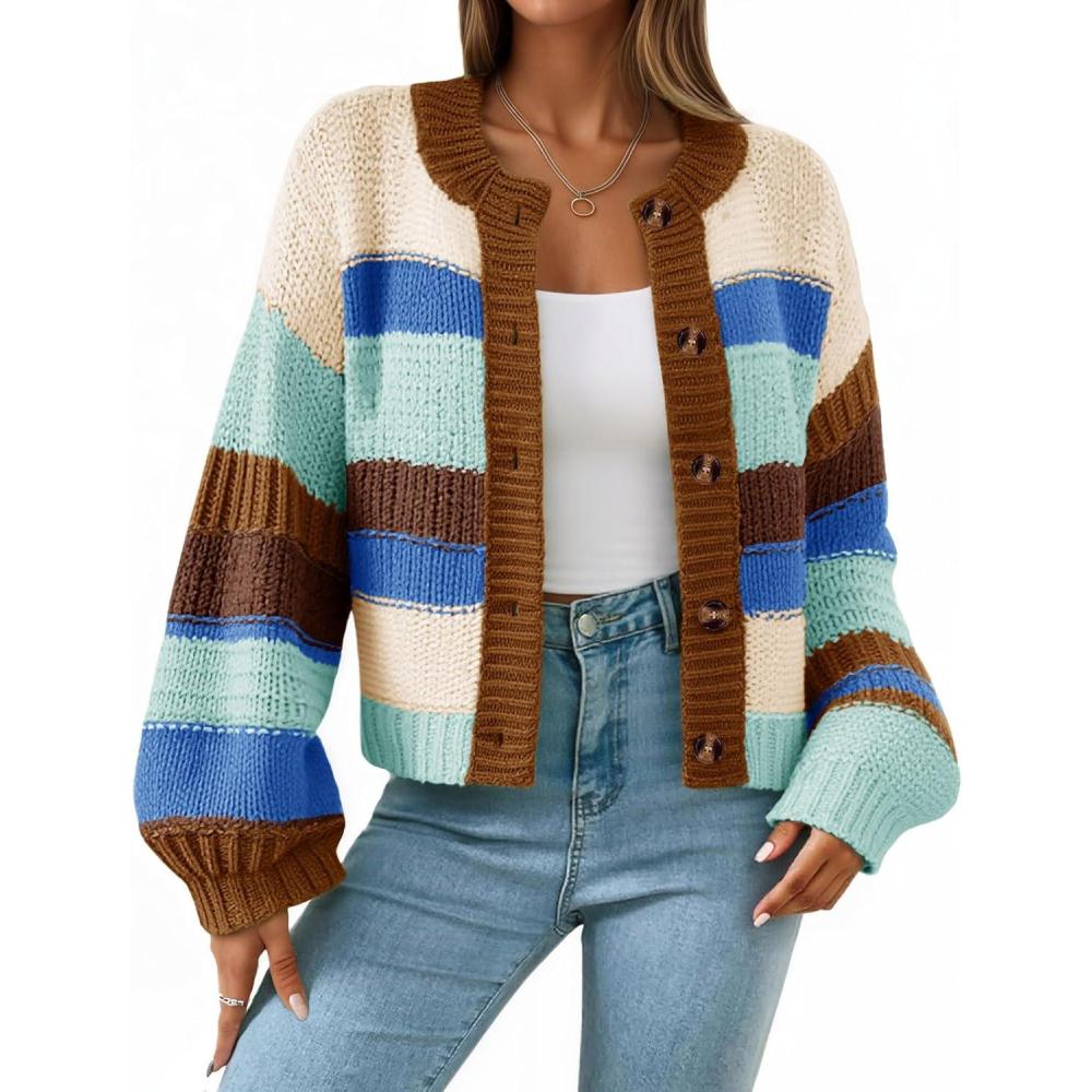 imageSaodimallsu Womens Striped Chunky Cardigan Sweaters Button Up Fall Trendy Color Block Long Sleeve Knit Sweater CoatsCoffee