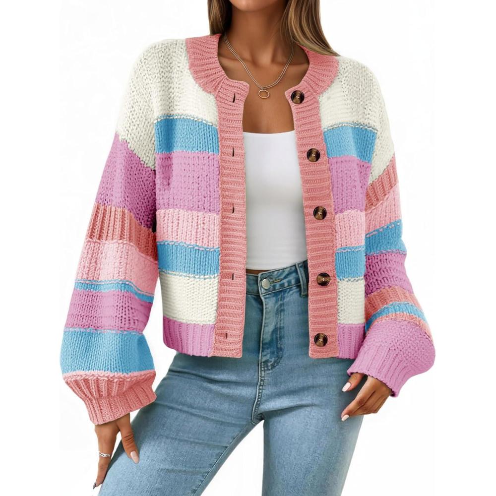 imageSaodimallsu Womens Striped Chunky Cardigan Sweaters Button Up Fall Trendy Color Block Long Sleeve Knit Sweater CoatsPink