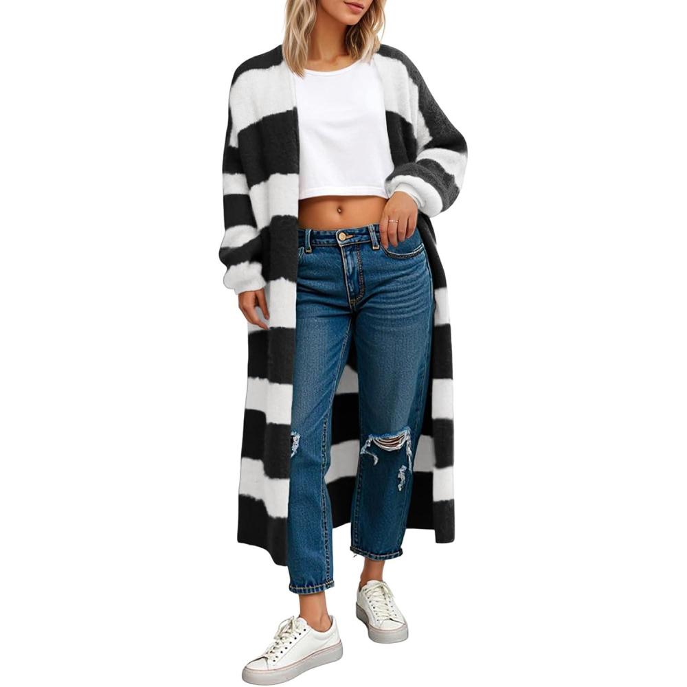 imageSaodimallsu Womens Striped Long Cardigan Sweaters Open Front Oversized Chunky Fuzzy Knit Fall Duster Sweater CoatsBlackwhite