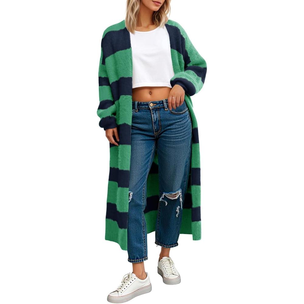 imageSaodimallsu Womens Striped Long Cardigan Sweaters Open Front Oversized Chunky Fuzzy Knit Fall Duster Sweater CoatsBluegreen