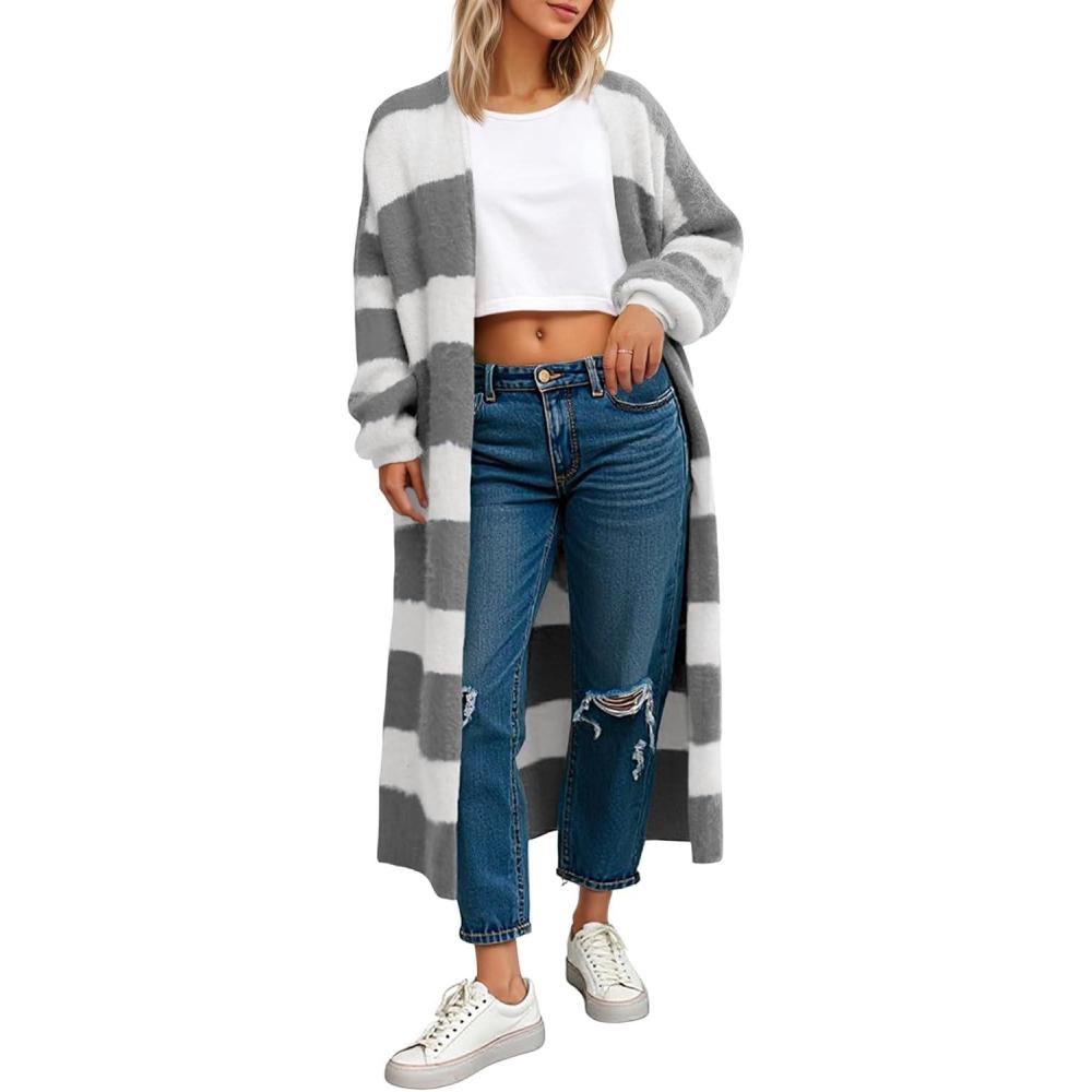imageSaodimallsu Womens Striped Long Cardigan Sweaters Open Front Oversized Chunky Fuzzy Knit Fall Duster Sweater CoatsGrey