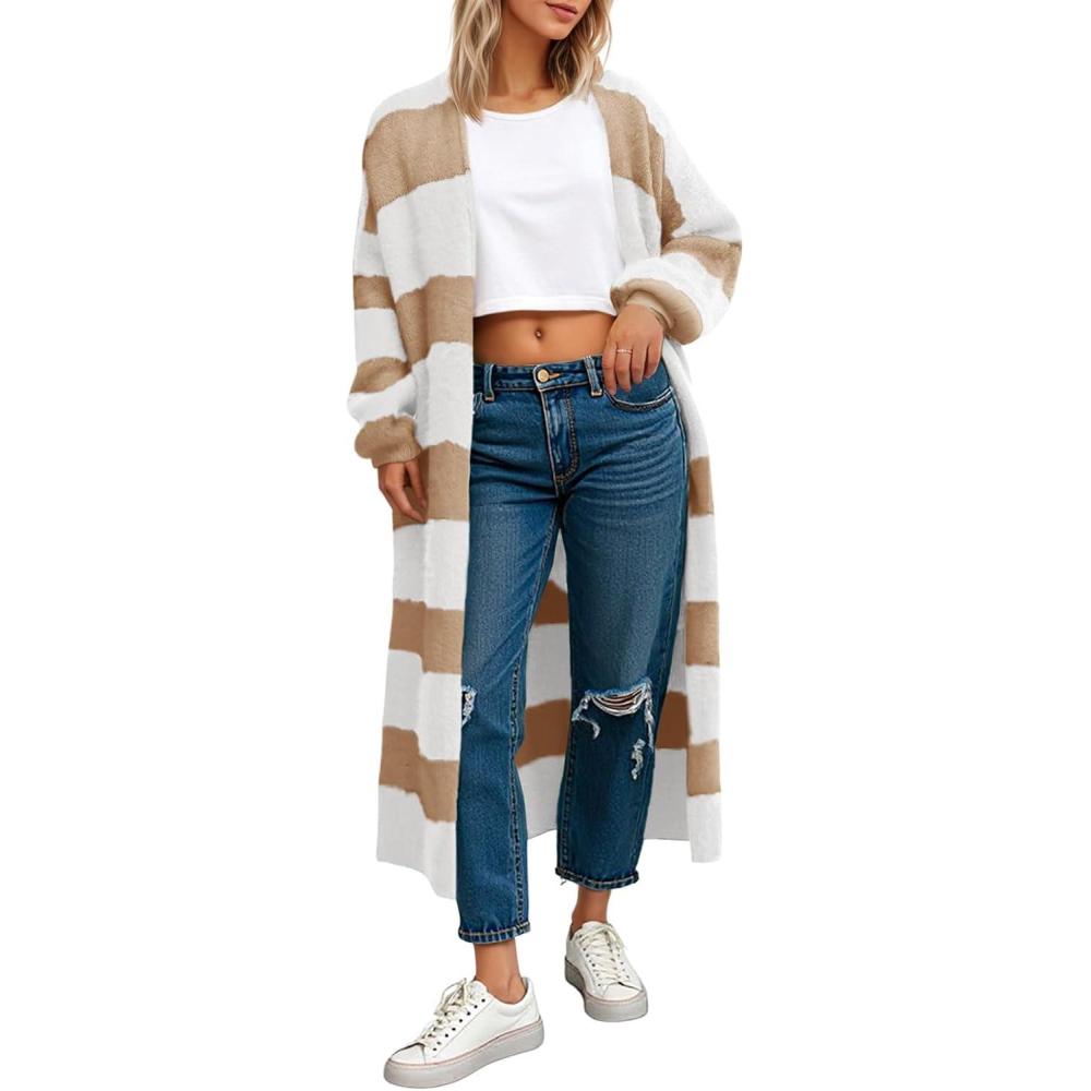 imageSaodimallsu Womens Striped Long Cardigan Sweaters Open Front Oversized Chunky Fuzzy Knit Fall Duster Sweater CoatsKhaki