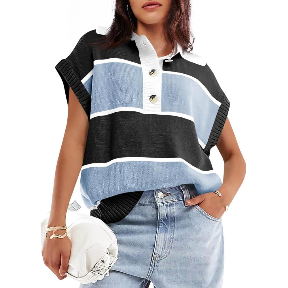 imageSaodimallsu Womens Striped Short Sleeve Sweater V Neck Button Down Color Block Loose Knit Pullover TopsBlack