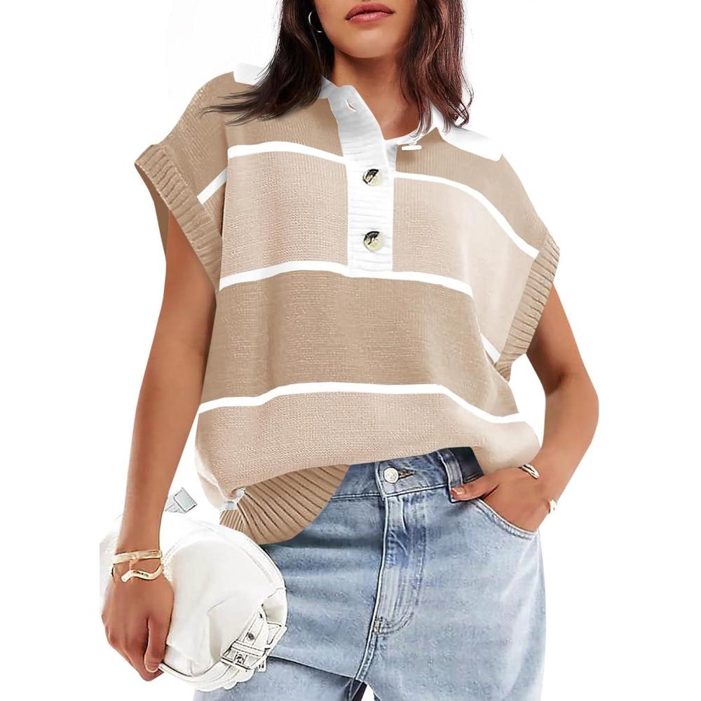 imageSaodimallsu Womens Striped Short Sleeve Sweater V Neck Button Down Color Block Loose Knit Pullover TopsKhaki