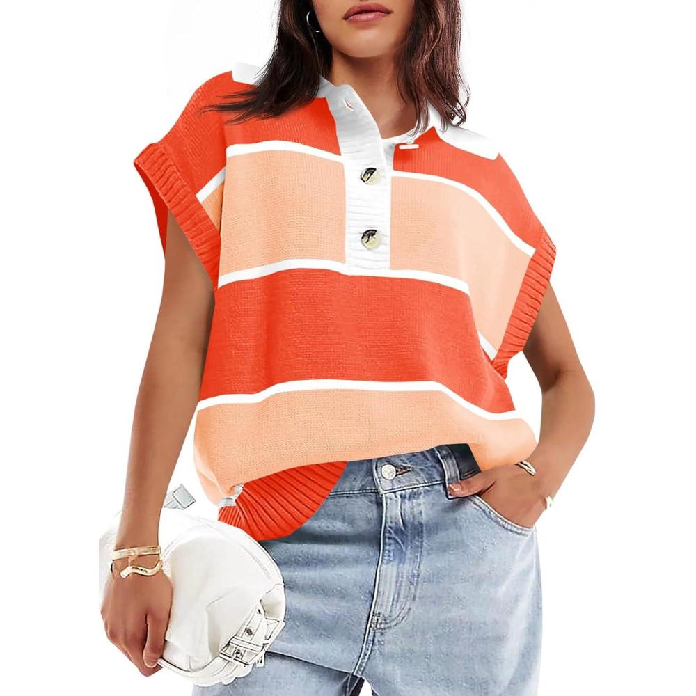 imageSaodimallsu Womens Striped Short Sleeve Sweater V Neck Button Down Color Block Loose Knit Pullover TopsOrange