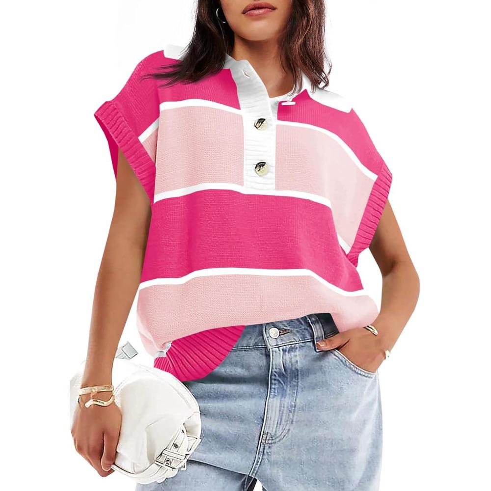 imageSaodimallsu Womens Striped Short Sleeve Sweater V Neck Button Down Color Block Loose Knit Pullover TopsPink