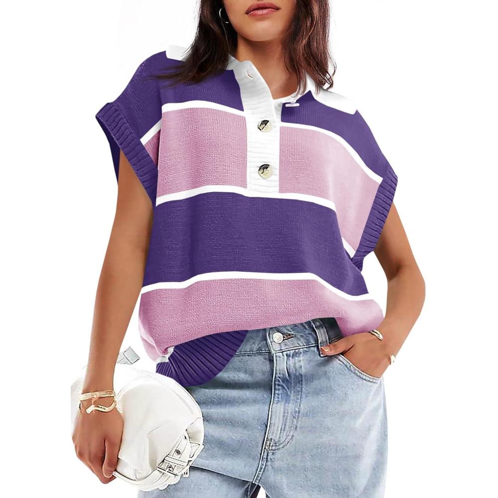 imageSaodimallsu Womens Striped Short Sleeve Sweater V Neck Button Down Color Block Loose Knit Pullover TopsPurple
