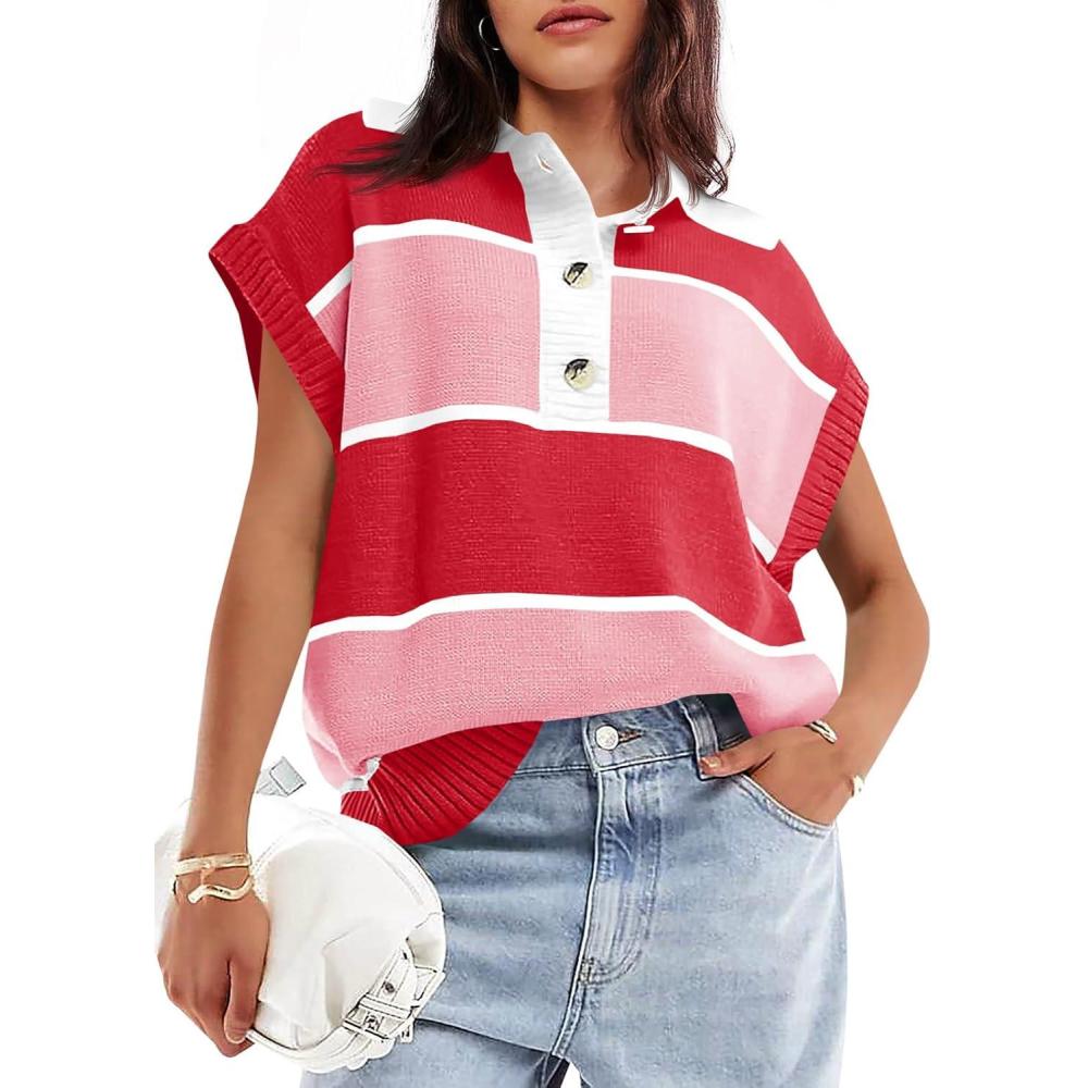 imageSaodimallsu Womens Striped Short Sleeve Sweater V Neck Button Down Color Block Loose Knit Pullover TopsRed