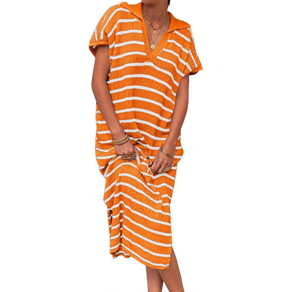 imageSaodimallsu Womens Striped Summer Dresses Short Sleeve V Neck Knit Collared Sexy Slit Loose Maxi Sweater DressOrange