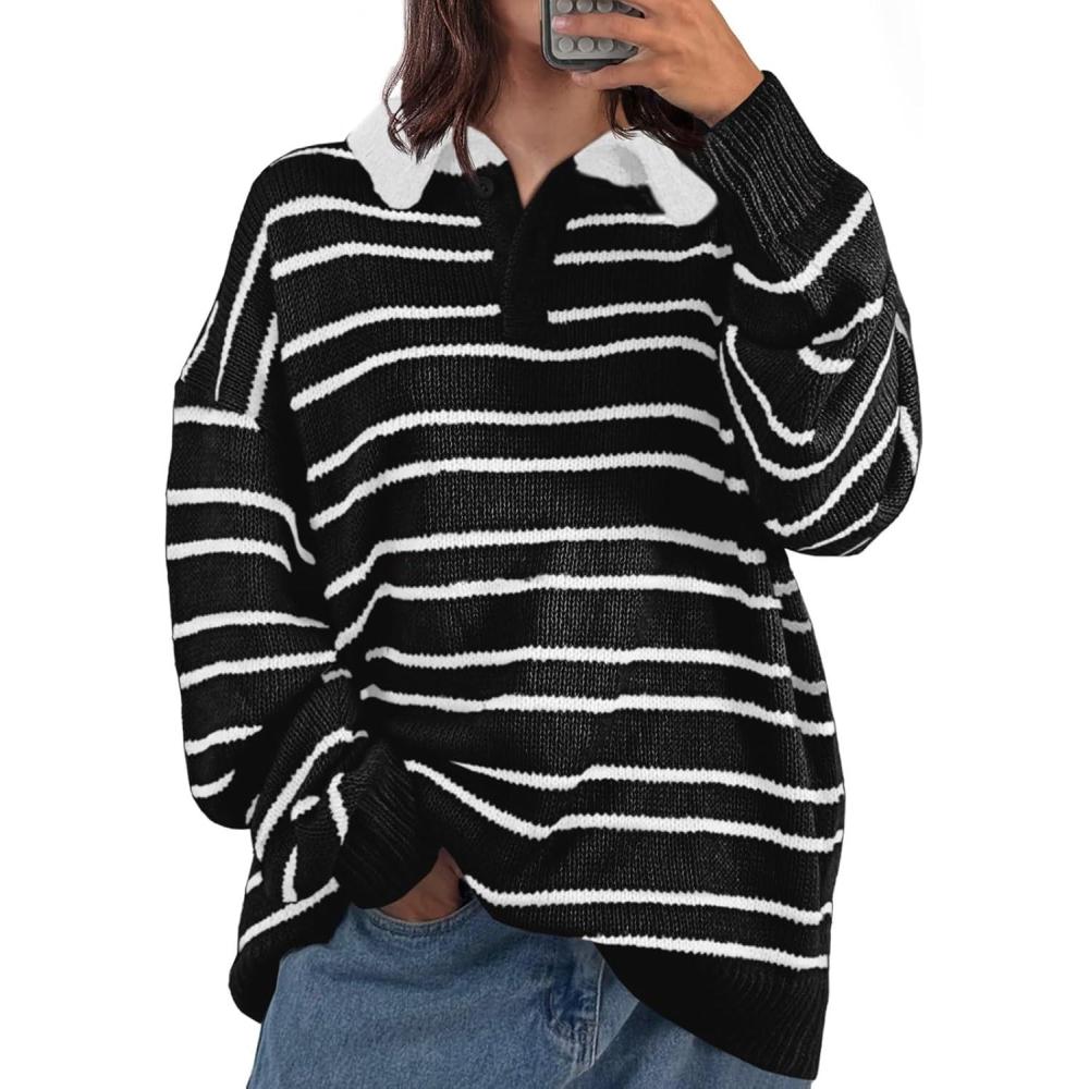 imageSaodimallsu Womens Striped Swaters Button Collared Polo Shirts Oversized Long Sleeve Chunky Knit Trendy Pullover TopsBlack