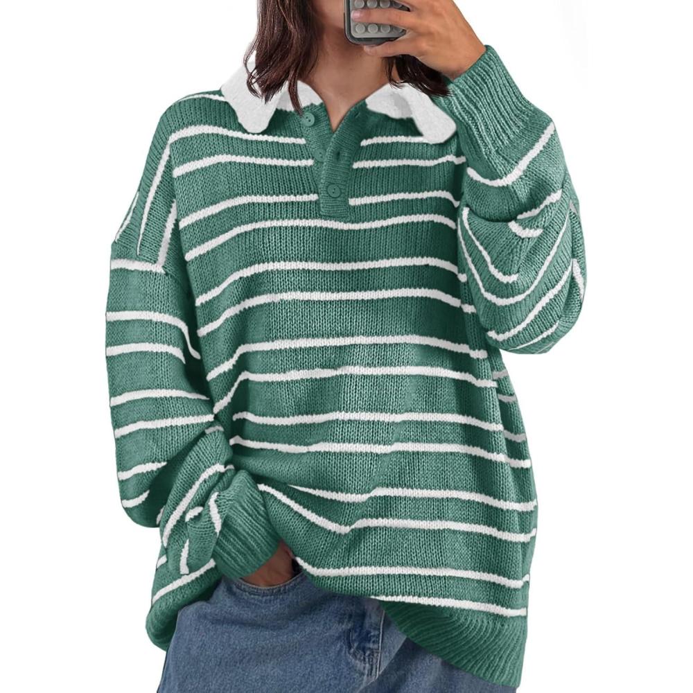 imageSaodimallsu Womens Striped Swaters Button Collared Polo Shirts Oversized Long Sleeve Chunky Knit Trendy Pullover TopsGreen
