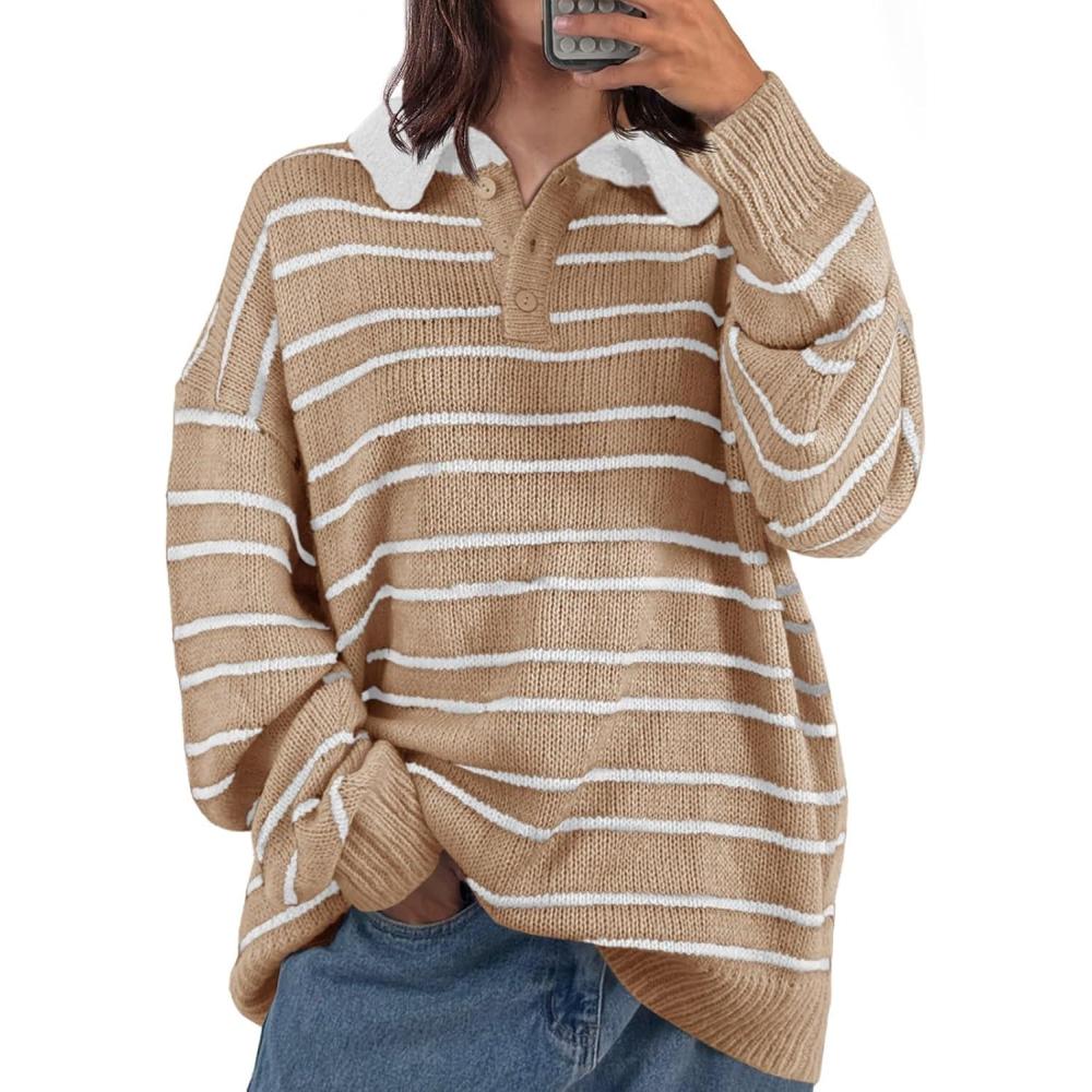 imageSaodimallsu Womens Striped Swaters Button Collared Polo Shirts Oversized Long Sleeve Chunky Knit Trendy Pullover TopsKhaki