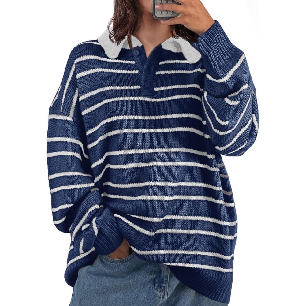 imageSaodimallsu Womens Striped Swaters Button Collared Polo Shirts Oversized Long Sleeve Chunky Knit Trendy Pullover TopsNavy