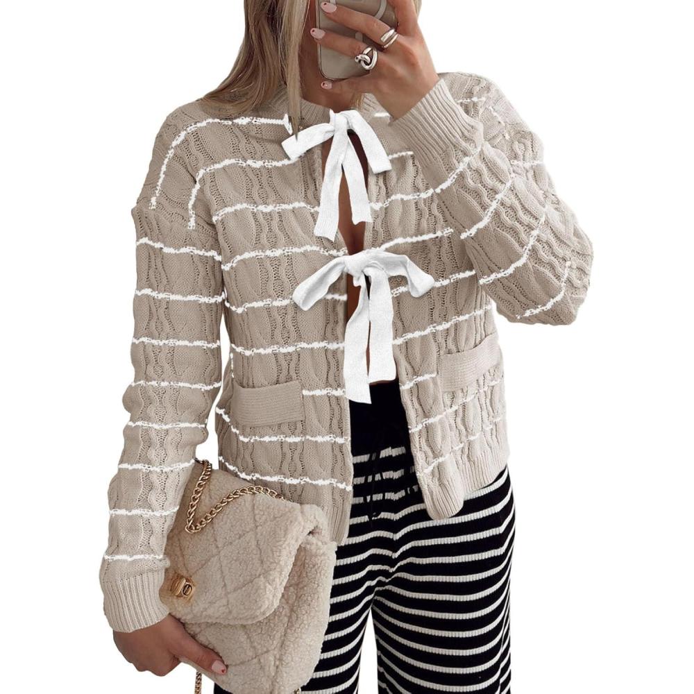 imageSaodimallsu Womens Striped Tie Front Cardigan Sweaters Crew Neck Long Sleeve Cable Knit Bow Knot Trendy Sweater TopsApricot