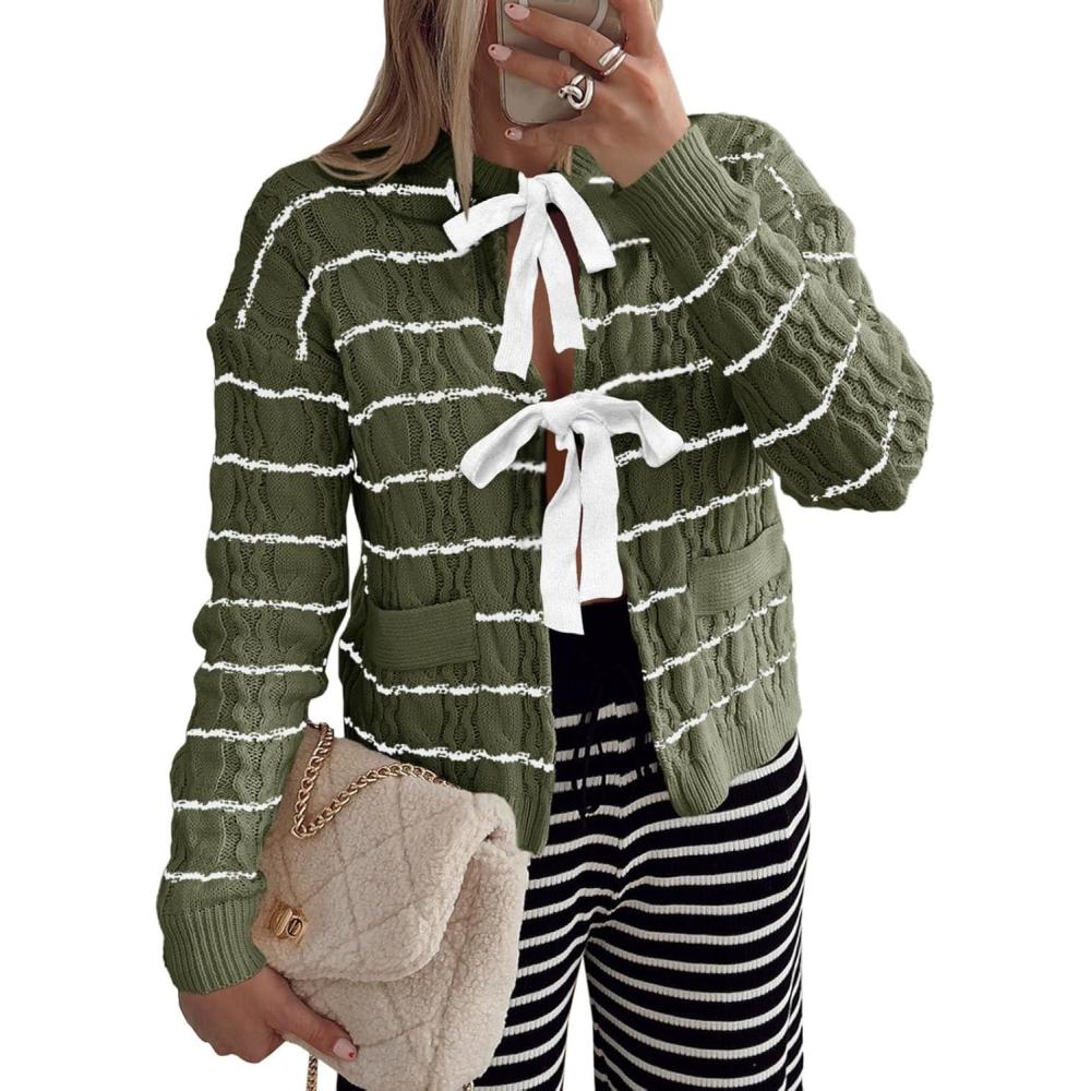 imageSaodimallsu Womens Striped Tie Front Cardigan Sweaters Crew Neck Long Sleeve Cable Knit Bow Knot Trendy Sweater TopsArmy Green