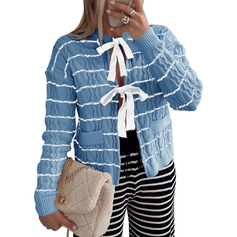 imageSaodimallsu Womens Striped Tie Front Cardigan Sweaters Crew Neck Long Sleeve Cable Knit Bow Knot Trendy Sweater TopsBlue