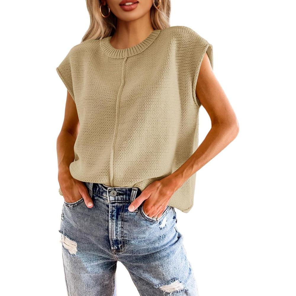 imageSaodimallsu Womens Summer Cap Sleeve Tops Casual Crew Neck Loose Fit Knit Lightweight Sweater Pullover TopKhaki