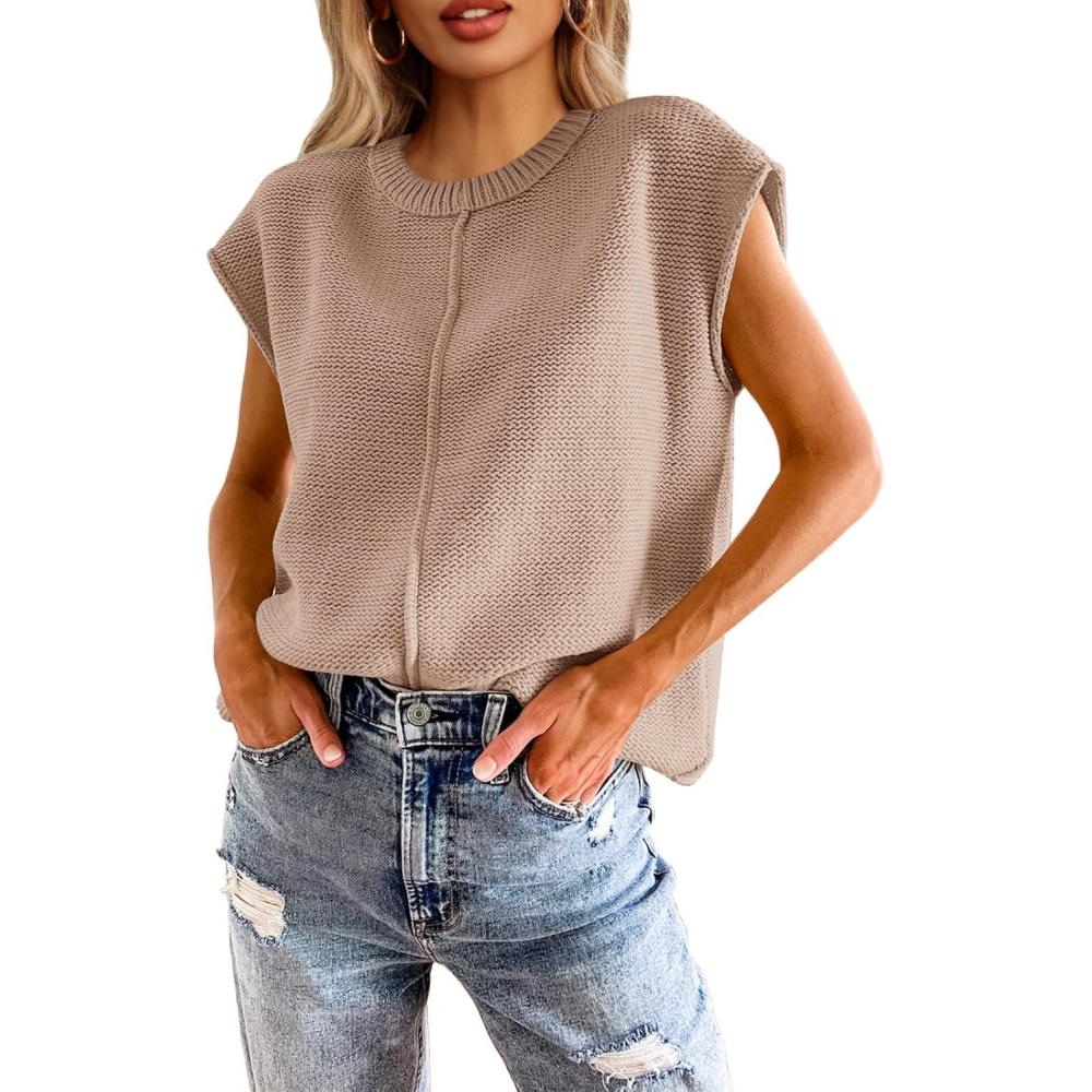 imageSaodimallsu Womens Summer Cap Sleeve Tops Casual Crew Neck Loose Fit Knit Lightweight Sweater Pullover TopLight Khaki