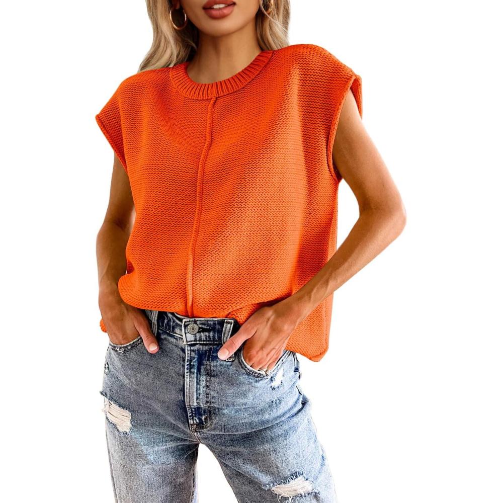 imageSaodimallsu Womens Summer Cap Sleeve Tops Casual Crew Neck Loose Fit Knit Lightweight Sweater Pullover TopOrange