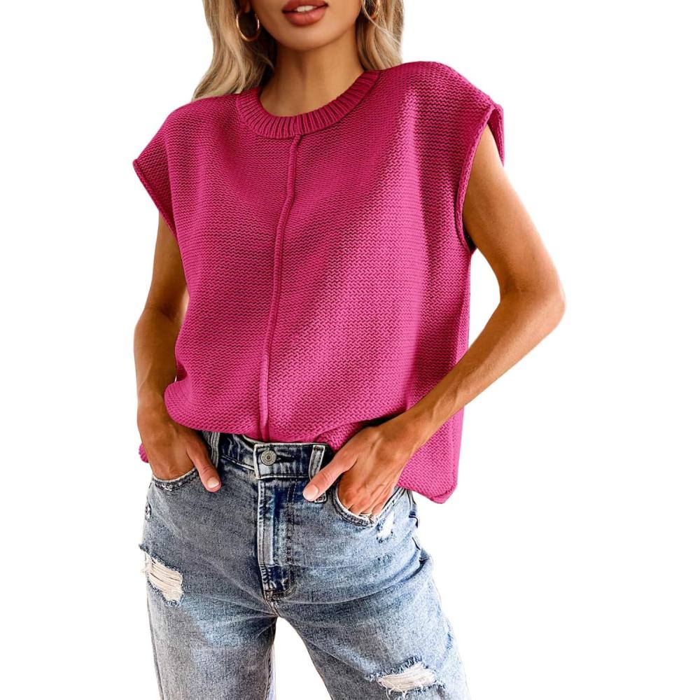 imageSaodimallsu Womens Summer Cap Sleeve Tops Casual Crew Neck Loose Fit Knit Lightweight Sweater Pullover TopRose Red