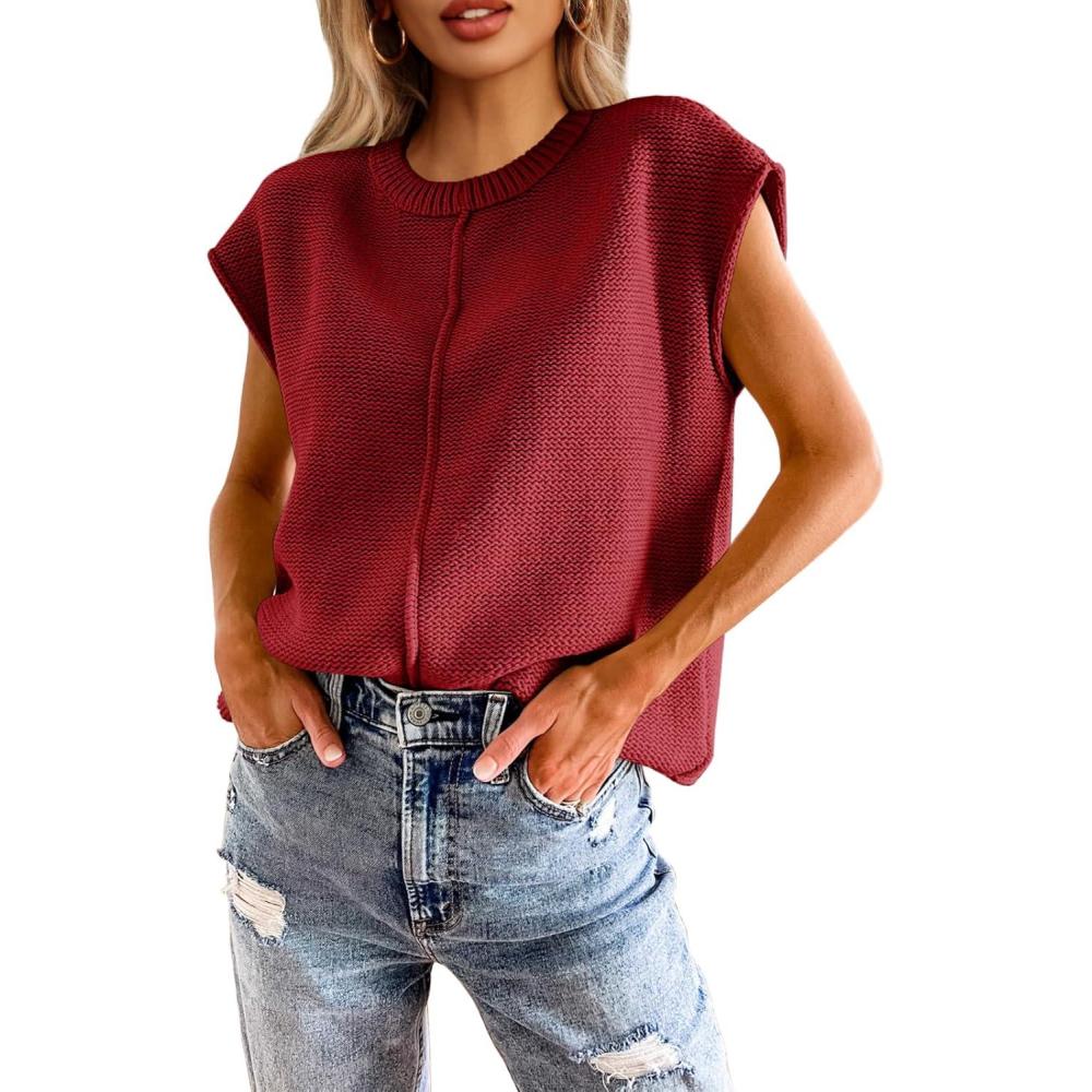 imageSaodimallsu Womens Summer Cap Sleeve Tops Casual Crew Neck Loose Fit Knit Lightweight Sweater Pullover TopWine Red