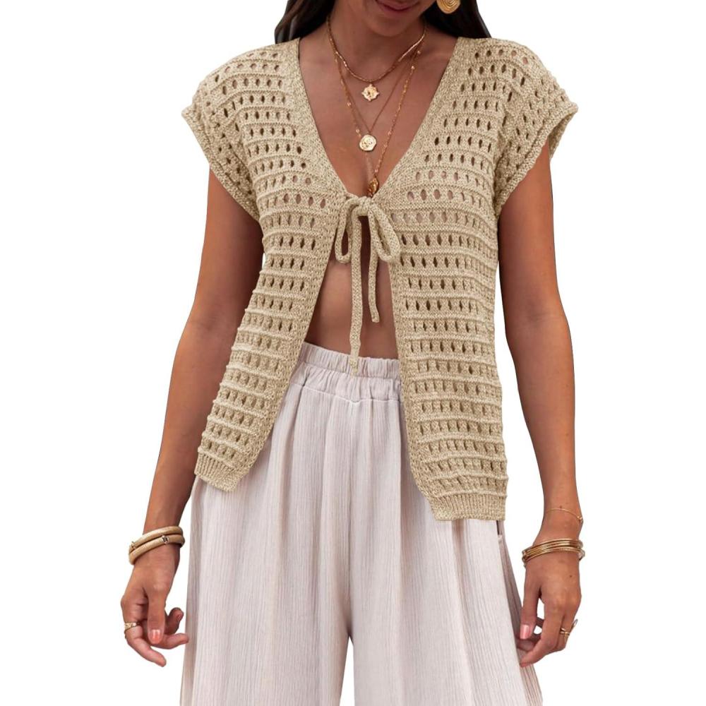 imageSaodimallsu Womens Tie Crochet Shrug Short Sleeve Open Front Lightweight Knit Cropped Cardigan Sweaters Cover UpApricot