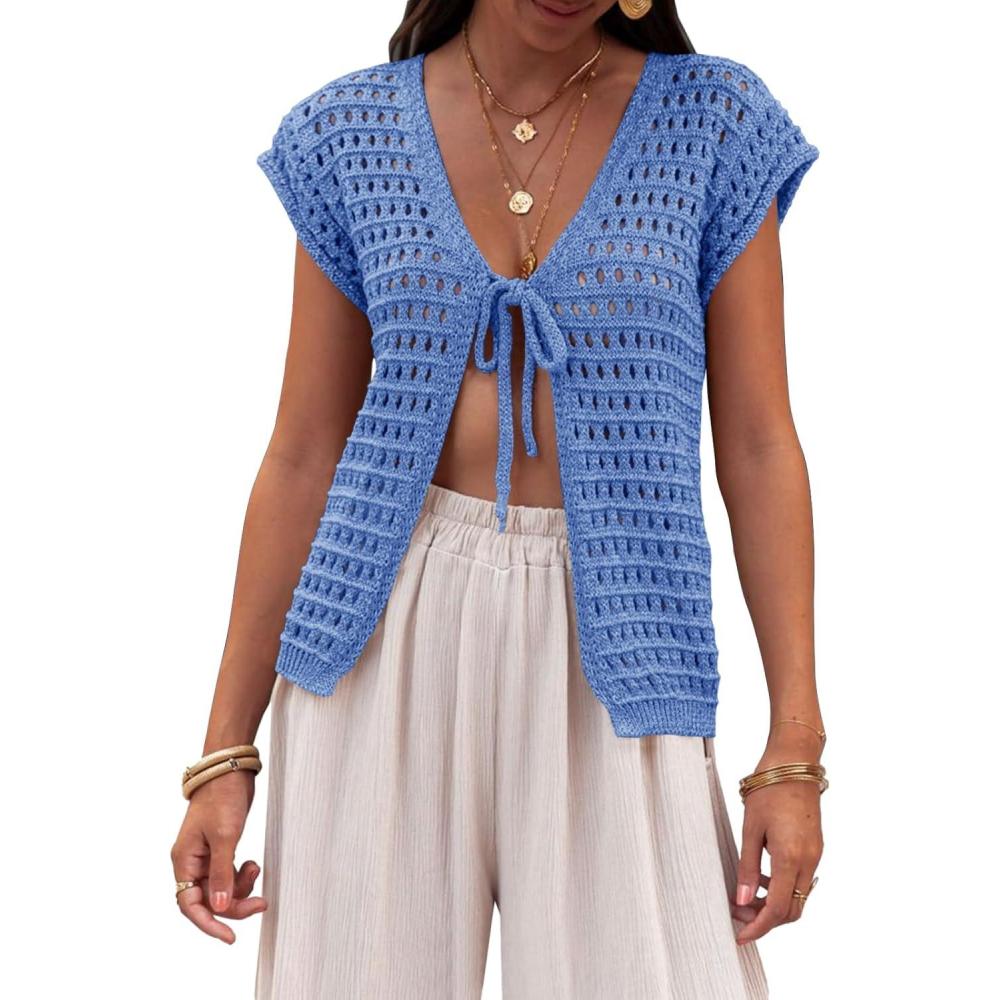 imageSaodimallsu Womens Tie Crochet Shrug Short Sleeve Open Front Lightweight Knit Cropped Cardigan Sweaters Cover UpBlue