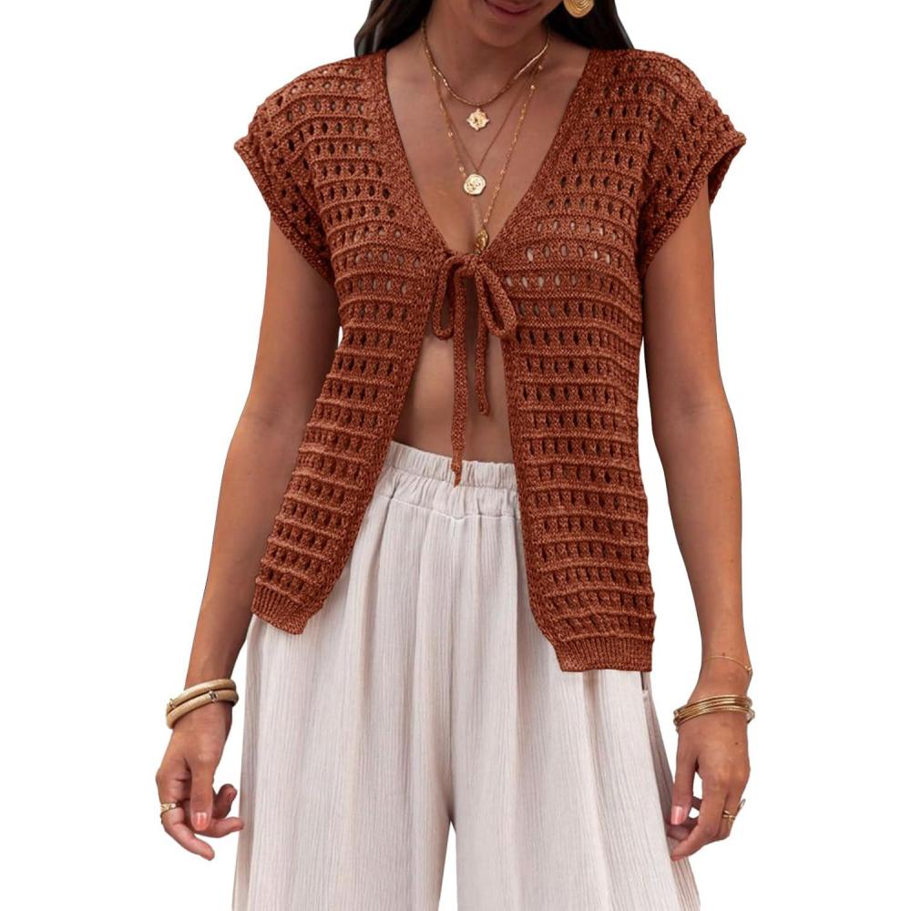 imageSaodimallsu Womens Tie Crochet Shrug Short Sleeve Open Front Lightweight Knit Cropped Cardigan Sweaters Cover UpBrick Red